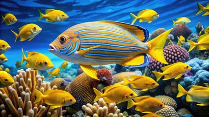 Vibrant yellow fish with bright blue stripes swims amidst coral reef, surrounded by schools of smaller fish, showcasing ocean's colorful ecosystem diversity.