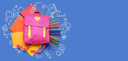 Wall Mural - School backpack and different stationery on blue background with space for text