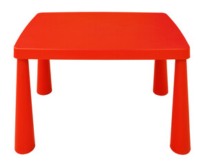 Simple red plastic table for children isolated on white background. Furniture for kids concept