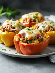 Wall Mural - Colorful stuffed bell peppers topped with melted cheese, served on a plate.