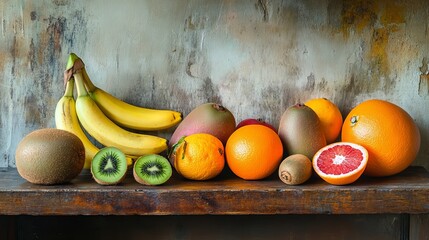 Still life of exotic fruits on wood.