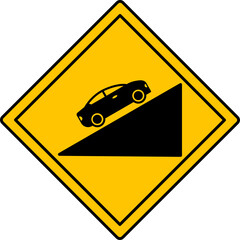 Poster - Yellow Sign Steep Ascent. Warning Diamond Road Sign. Car Driving Up. Vector Icon