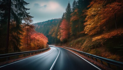 Driving on the highway on a dark day and colorful autumn leaves