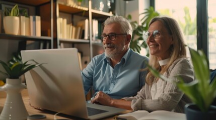 Happy Senior Couple Using Laptop Computer at Home