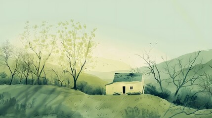 Wall Mural - Watercolor Painting of a House in the Countryside