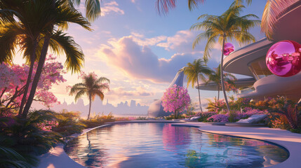 Wall Mural - Luxury Villa Pool Sunset.