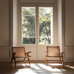 Two Wooden Chairs in a Room with a Large Window