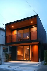 Modern Two Story House with Wooden Accents and Balcony