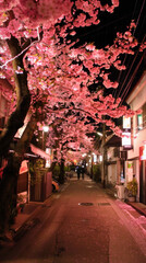 Poster - Cherry Blossoms in Neon Nightscape of Neo Tokyo