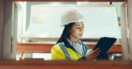 Canvas Print - Inventory, tablet and freight with woman in warehouse for logistics, supply chain or shipping. Export, delivery or cargo storage with digital checklist for customs compliance in supplier management