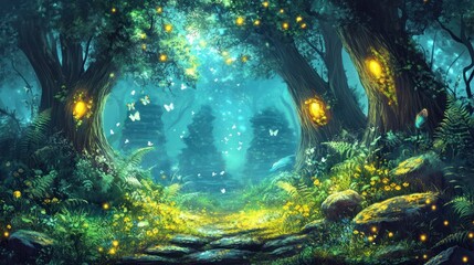 Wall Mural - A magical forest scene filled with glowing lights, butterflies, and vibrant foliage.