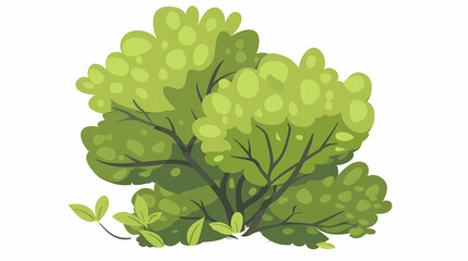 Cute green bush from the forest cartoon, isolated nature object for kids design. Branches and leaves of a fluffy bush isolated on a white background. Vector hand drawn illustration in paper cute style