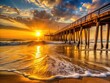 © Achiraya - Warm sunrise casts a golden glow on the iconic fishing pier, waves gently lapping at its weathered wooden pilings, against a serene coastal Virginia Beach backdrop.