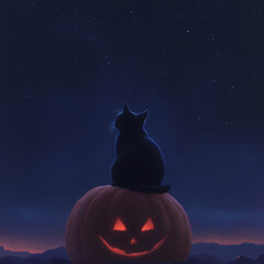 black cat sitting on a spooky pumpkin on Halloween