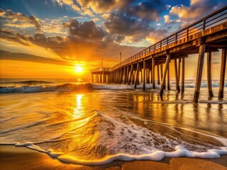 Warm sunrise casts a golden glow on the iconic fishing pier, waves gently lapping at its weathered wooden pilings, against a serene coastal Virginia Beach backdrop.