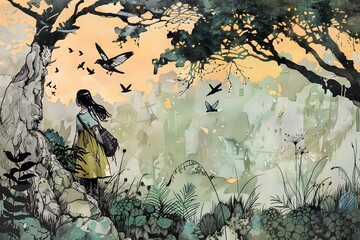 Wall Mural - A Girl With Long Black Hair Stands In A Forest And Looks At The Sky