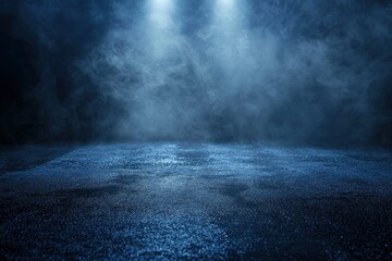 Wall Mural - Dark street, wet asphalt, reflections of rays. Abstract dark blue background, smoke, smog. Empty dark scene, neon light, spotlights. Concrete floor with generative ai