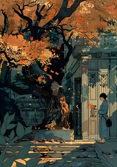 Wall Mural - Autumn Leaves Falling on a Woman Standing in Front of a Building