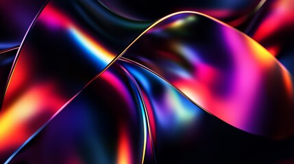 Wall Mural - Reflective metallic ribbons with chromatic gradients on a dark background