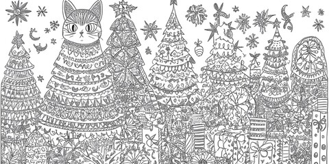 Wall Mural - Christmas Cat Doodle Illustration with Decorations and Gifts