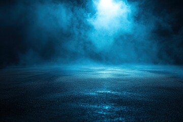 Wall Mural - Dark street, wet asphalt, reflections of rays. Abstract dark blue background, smoke, smog. Empty dark scene, neon light, spotlights. Concrete floor with generative ai