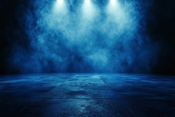 Wall Mural - Dark street, wet asphalt, reflections of rays. Abstract dark blue background, smoke, smog. Empty dark scene, neon light, spotlights. Concrete floor with generative ai