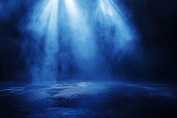 Wall Mural - Dark street, wet asphalt, reflections of rays. Abstract dark blue background, smoke, smog. Empty dark scene, neon light, spotlights. Concrete floor with generative ai