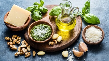 Pesto ingredients: basil, pine nuts, garlic, olive oil, Parmesan