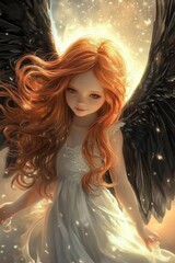 Canvas Print - A girl with long red hair and an angel wings