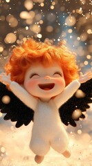 Wall Mural - A doll with red hair and black wings in the snow