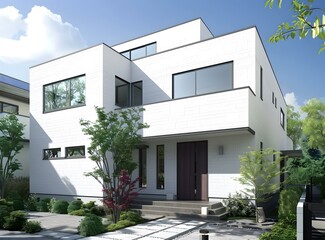 Wall Mural - Modern Two Story White Brick House with Garden