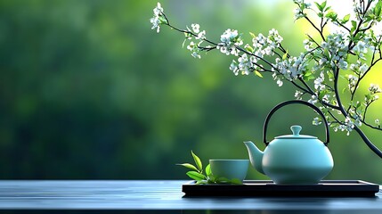 A tea ceremony takes place amidst blooming flowers, with a lush green background setting the mood.