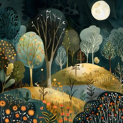 Wall Mural - Night Forest Illustration with Moon and Flowers