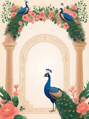 Mughal arch garden wedding invitation frame featuring a peacock and flowers