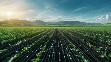 Lush green field with rows of crops under a bright sky, showcasing the beauty of sustainable farming and natural landscape.