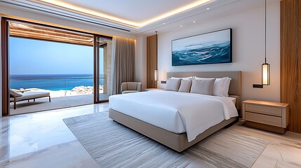 A luxury bedroom opens up to breathtaking ocean views, blending modern decor with coastal beauty.