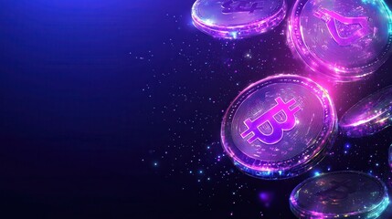 Wall Mural - futuristic purple and pink holographic coins with a Bitcoin symbol on a dark blue background, a cyber money concept banner design, and digital technology.