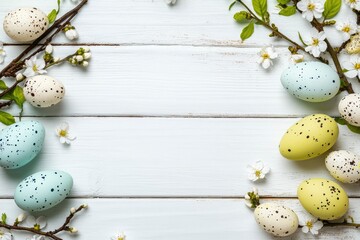 Wall Mural - Easter eggs and spring flowers on white wooden background. Top view with copy space with generative ai