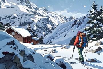 Wall Mural - Winter Mountain Scene With a Hiker