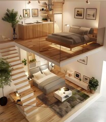 Modern Minimalist Loft Apartment Design with Wooden Stairs and Two Bedrooms