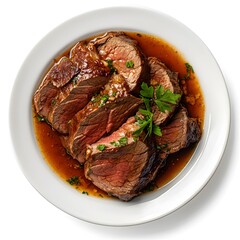 Wall Mural - Juicy slices of roast beef with gravy and fresh parsley garnish on a white plate