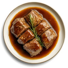 Wall Mural - Succulent beef tenderloin cubes with rich gravy and rosemary garnish on a white plate