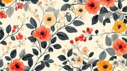 A vintage-style floral art pattern featuring hand-drawn flowers and leaves, ideal for spring season print designs.