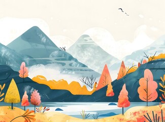 Wall Mural - Autumn Landscape with Mountains and Lake