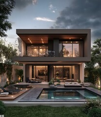 Wall Mural - Modern Luxury House Design with Swimming Pool and Backyard