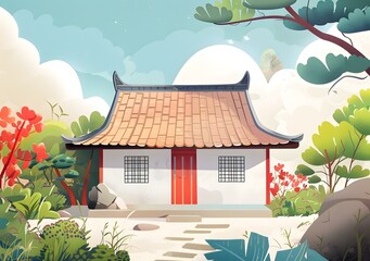 Wall Mural - Traditional Chinese House with Garden Illustration