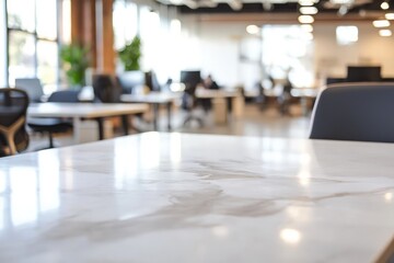 Abstract depiction of a busy office environment with a blurred interior background focusing on a white marble tabletop.