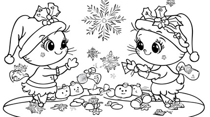 Wall Mural - Cute Cats Christmas Coloring Page