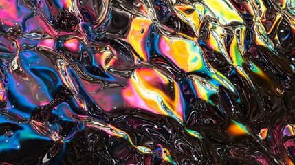 Abstract liquid metal with vibrant rainbow reflections on black