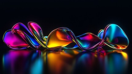 Wall Mural - Smooth liquid shapes with rainbow gradients and glossy reflections on black